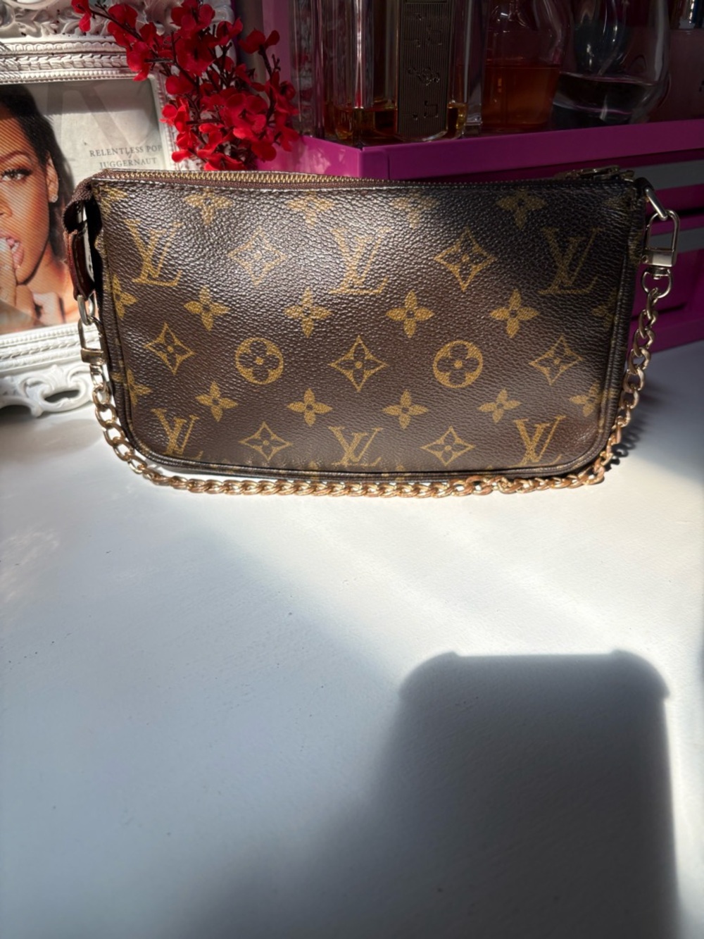 Louis Vuitton Monogram Canvas Mini Pochette with Gold Chain